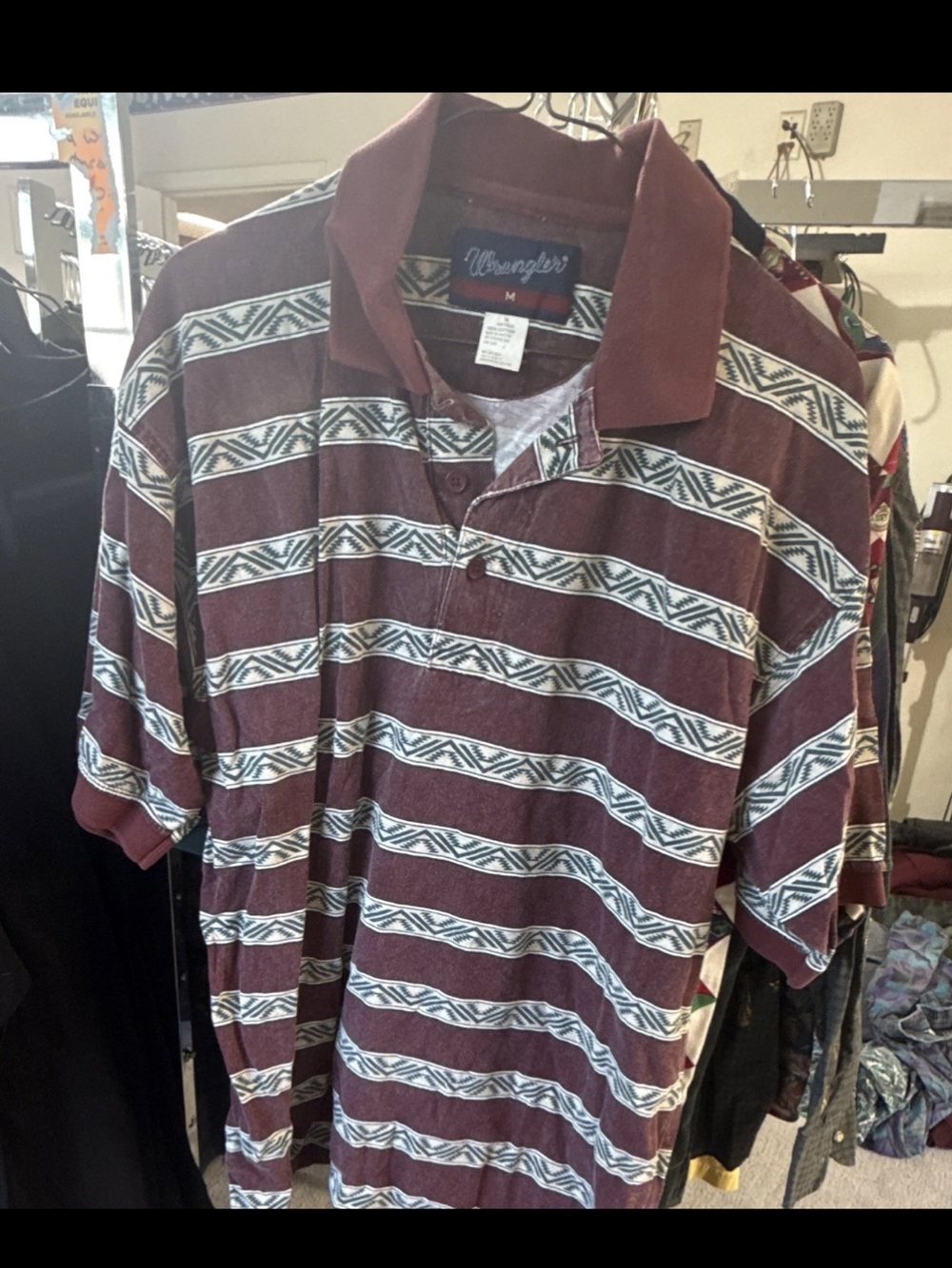 90’s vintage Wrangler Maroon Polo with White Geometric Stripe